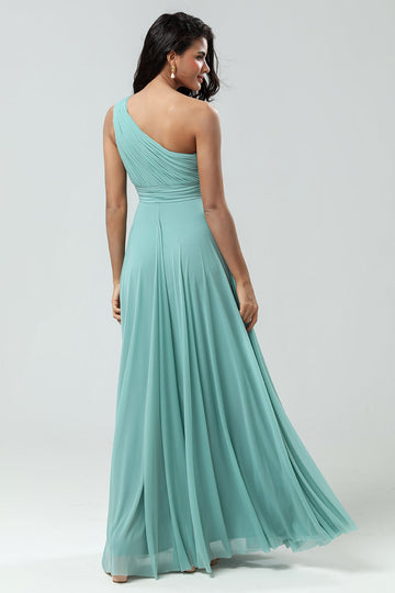 Sea Glass Stunning A Line One Shoulder Long Bridesmaid Dress with Ruched